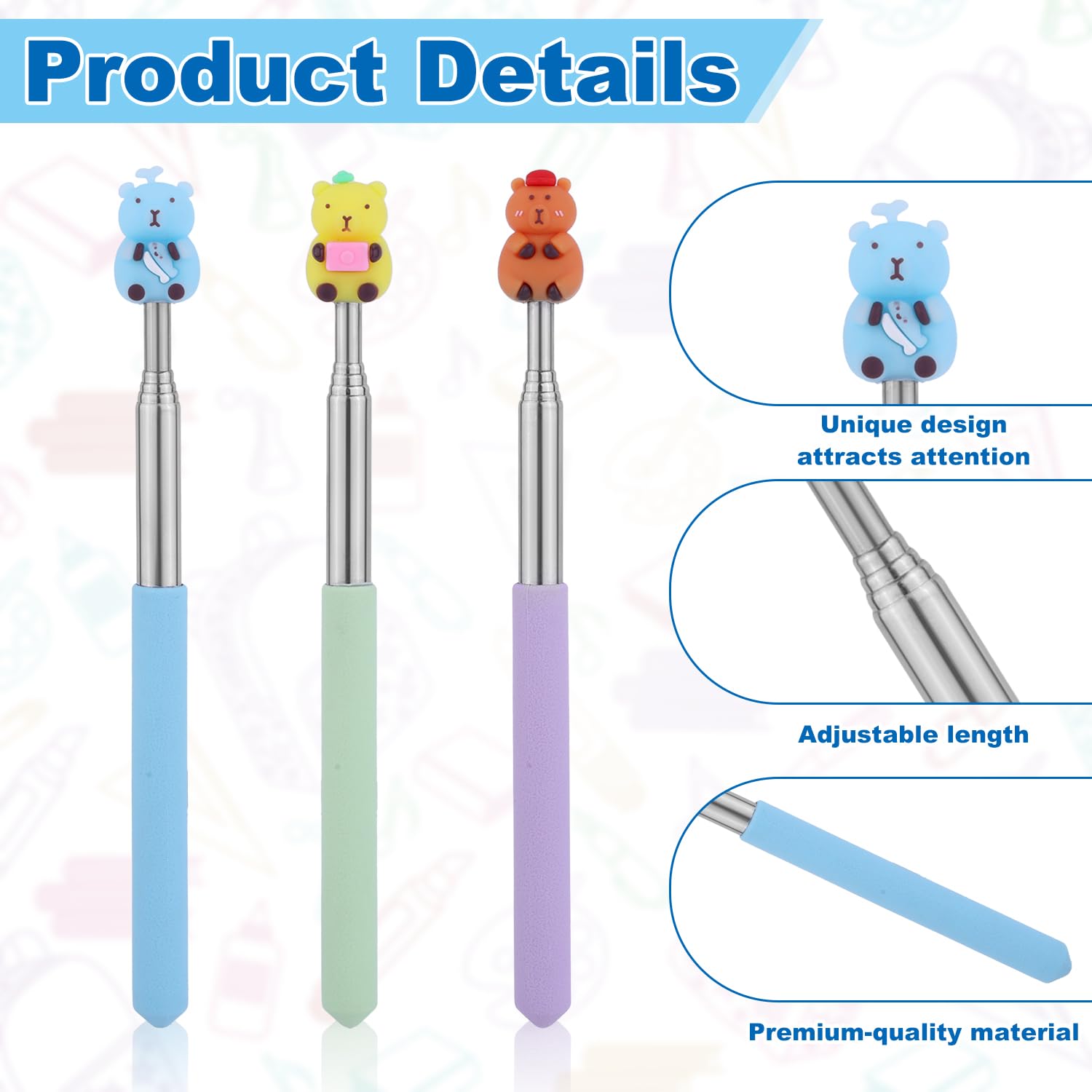 3pcs Pointer Stick for Classroom Retractable Teacher Pointer Stick Extendable Cute Telescopic Presenter Tool for Elementary Kindergarten School Whiteboard Kids Reading Teacher Supplies (Bear Style) - Image 4
