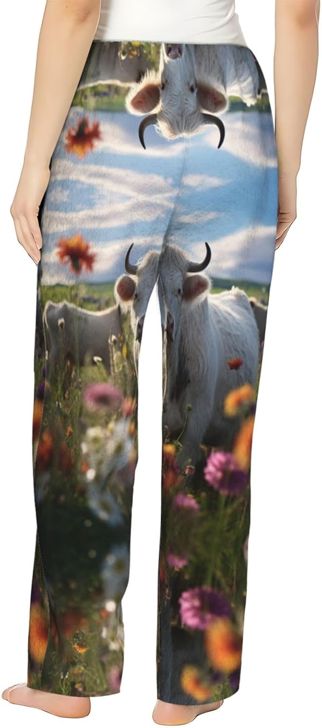 Flower Cow Farm Print Cozy Christmas Pajama Pants,Flannel Pajama Bottoms,Cater To Various Body Types
