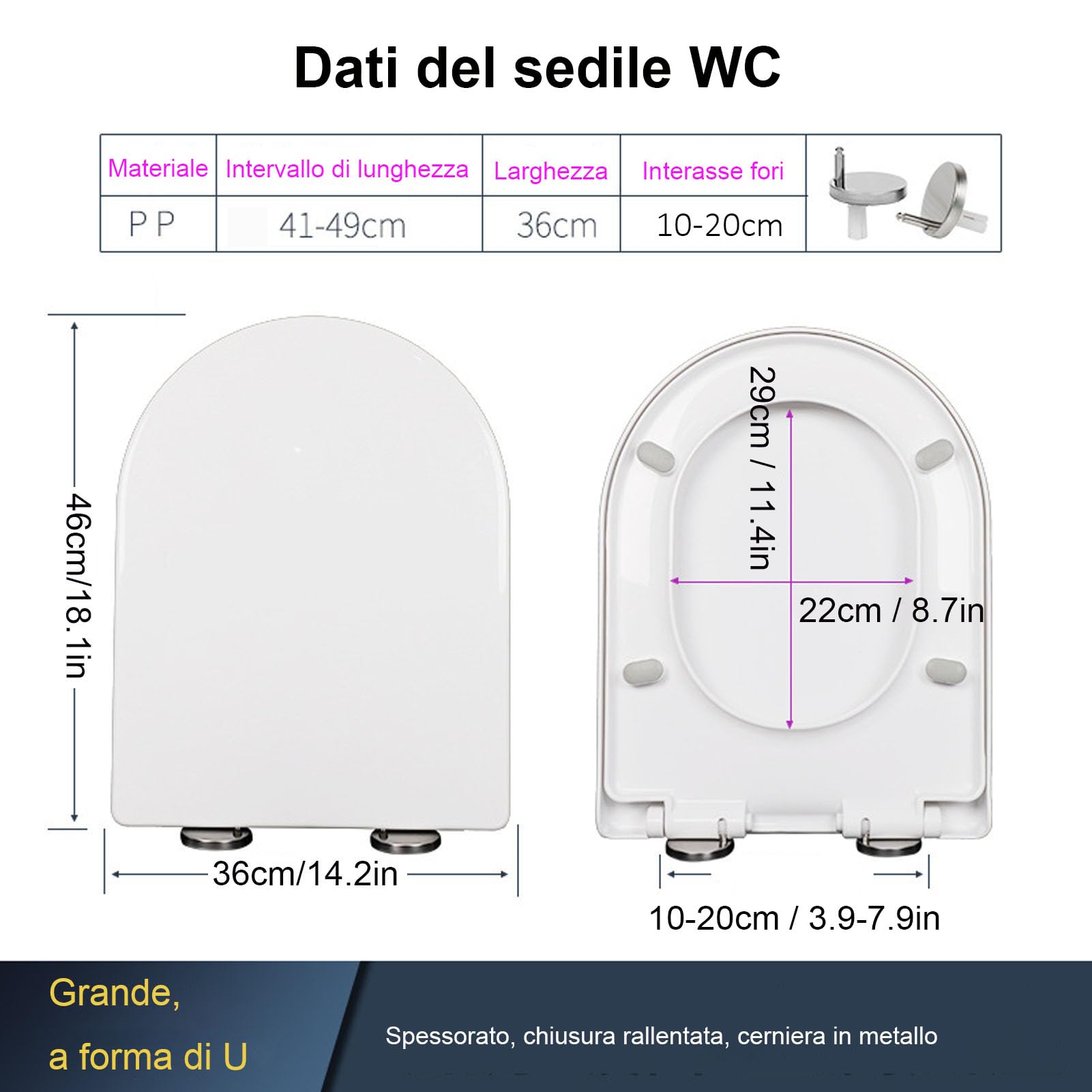 Sedile WC D Forma Chiusura Ammortizzata Bianco, Facile Pulizia, 46x36cm