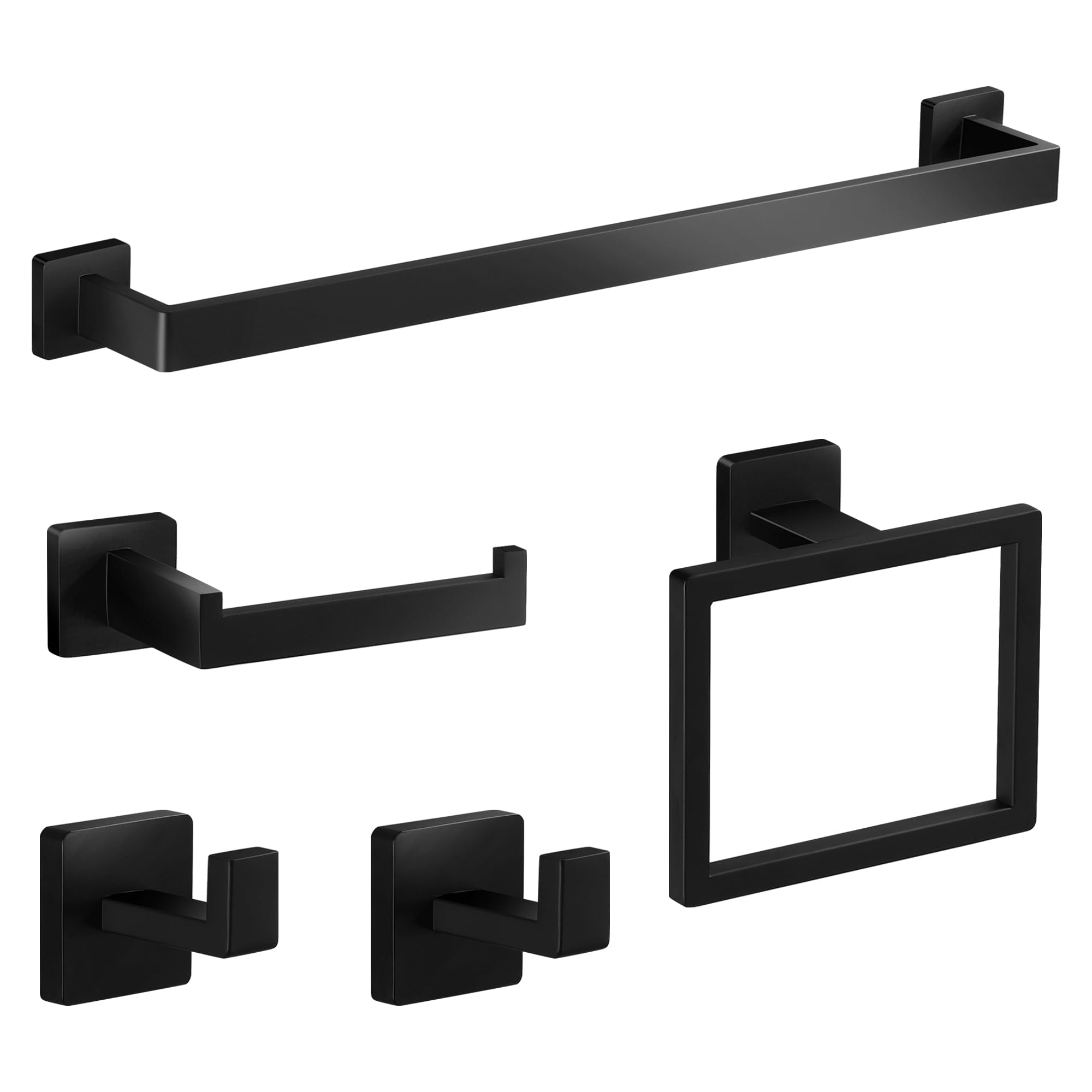 Hinmood Matte Black Bathroom Hardware Set, 5 Pieces Hardware Accessories Set SUS304 Stainless Steel Bath Towel Bar Set, Wall Mounted Towel Rack for Bathroom (Black, 24 Inch)