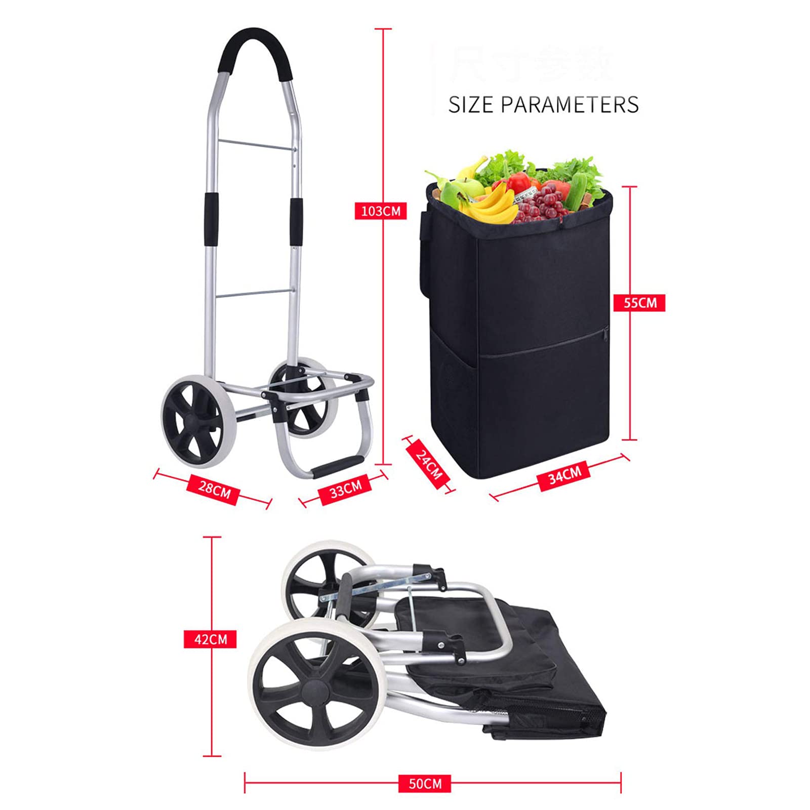 Faltbarer Einkaufstrolley mit 2 Rädern und wasserdichter extra großer Einkaufstasche, robuster Schiebe-/Ziehwagen für einfaches Treppensteigen – ideal für alle Altersgruppen