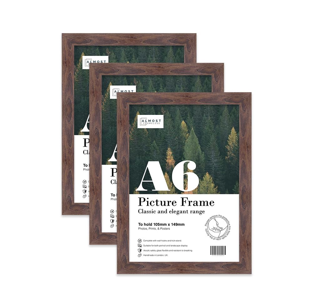 Almost Frameless A6 Walnut Picture Frame Set of 3, Display A6 Picture Gallery Wall, Poster, Photo, Artwork, or Print, Yellow