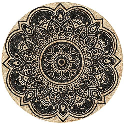 MARRAKESCH Handgewebter runder orientalischer Jute Teppich Daniya Schwarz 120cm | Outdoor Teppiche rund geflochten für…