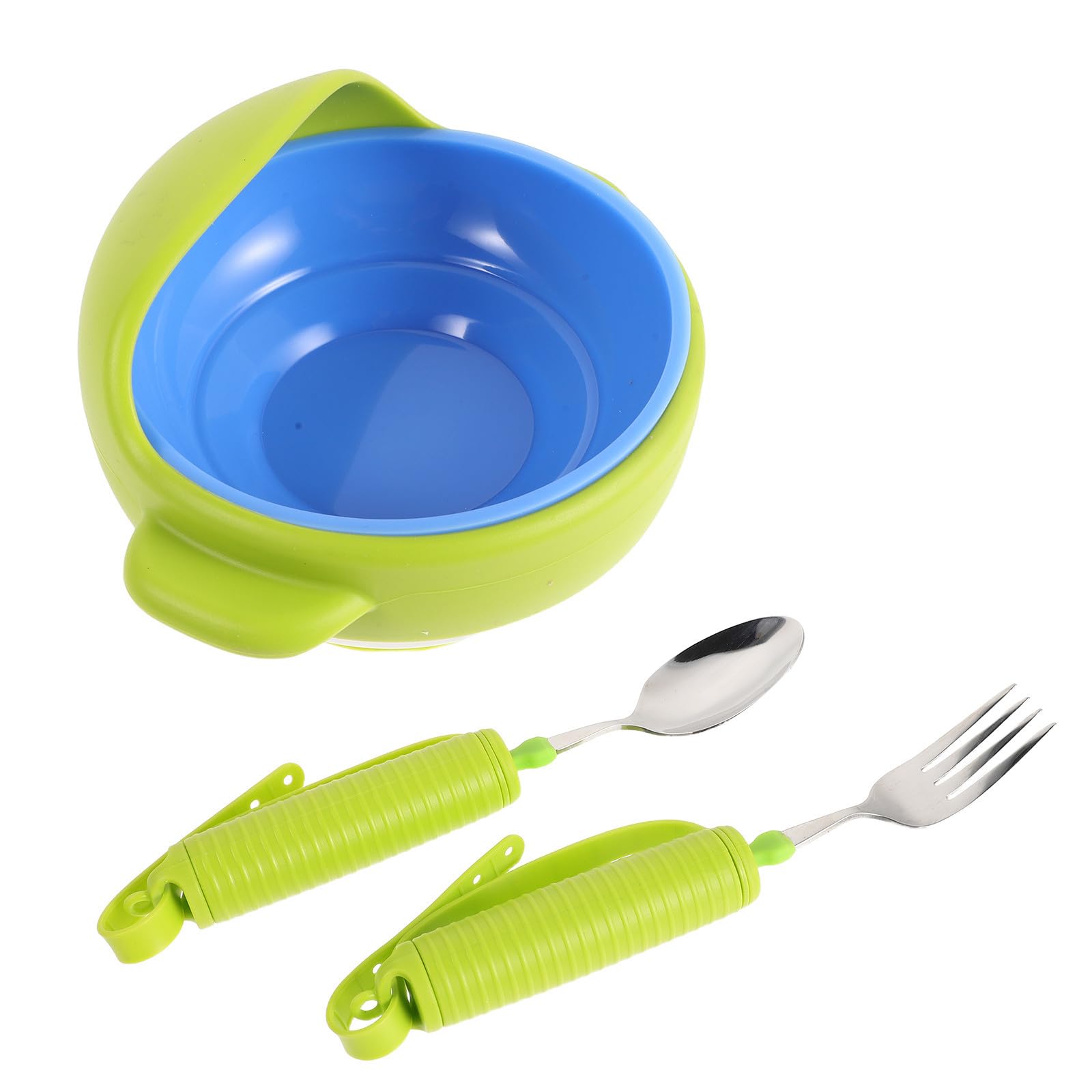 Set di Posate Antiscivolo e Ciotola Anti-rovesciamento Verde in Acciaio Inossidabile e Silicone, Utensili Adattivi per Anziani Tremore per Riabilitazione e Allenamento