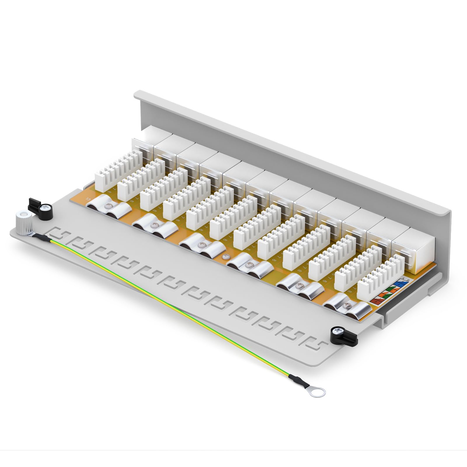HB-DIGITAL 12-port CAT 6a LSA Panneau de brassage blindé pour bureau et montage mural - 12 prises RJ45 pour réseau Ethernet LAN avec câble de terre - Gris clair