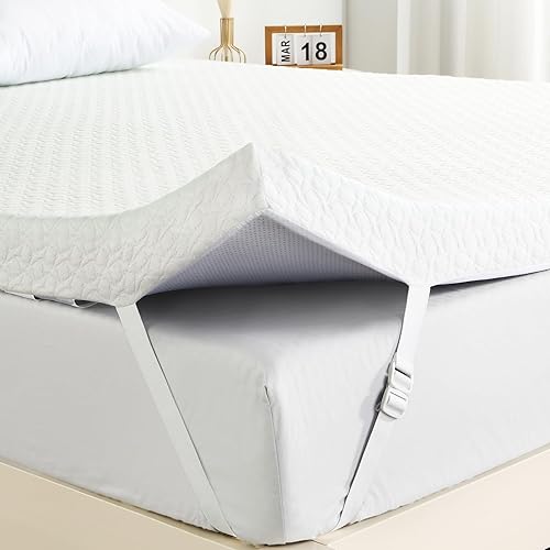 Cubrecolchón tamaño Queen, cubrecolchón de espuma viscoelástica con funda de bambú, cubrecolchón de cama de 3 pulgadas, suave y transpirable