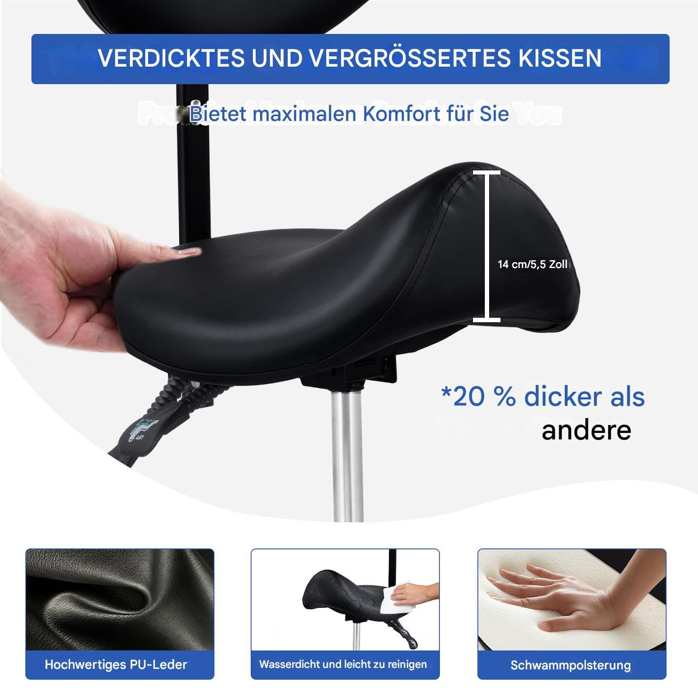 Sattelhocker Mit Rädern, Sattelhocker Mit Fußstütze Und Lehne, Verstellbarer Drehbarer Massagehocker, Tragfähigkeit 200 kg, Für Home-Office Beauty-Clinic Und Salon