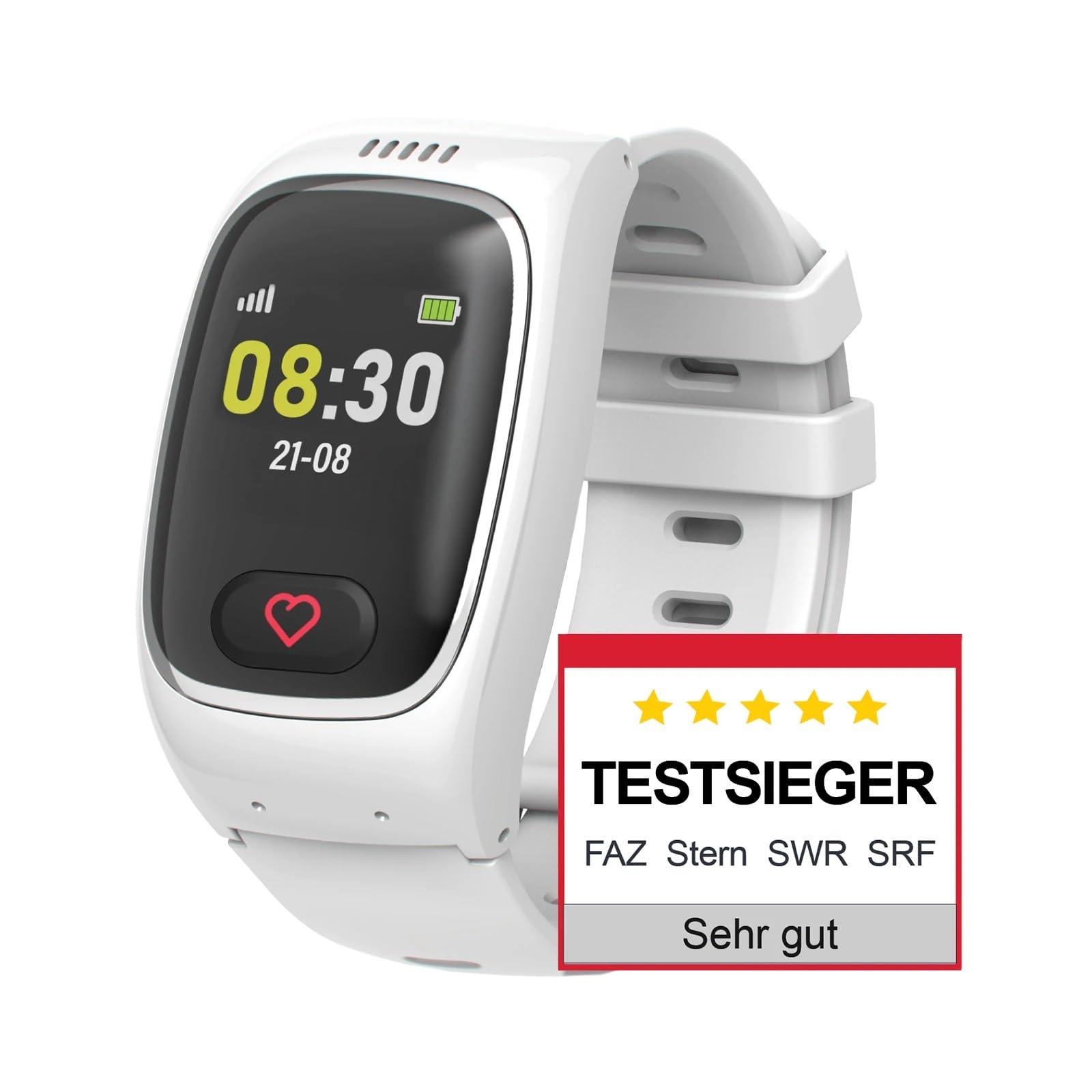 James - B8 Notruf- & Sicherheitsuhr für Senioren mit Anhänger für Norufuhr - GPS, Sturzerkennung, SOS-Knopf, Gesundheitsfunktionen, lauter Alarm - Weiß– inkl. SIM & 2 Gratis-Monate Tarif
