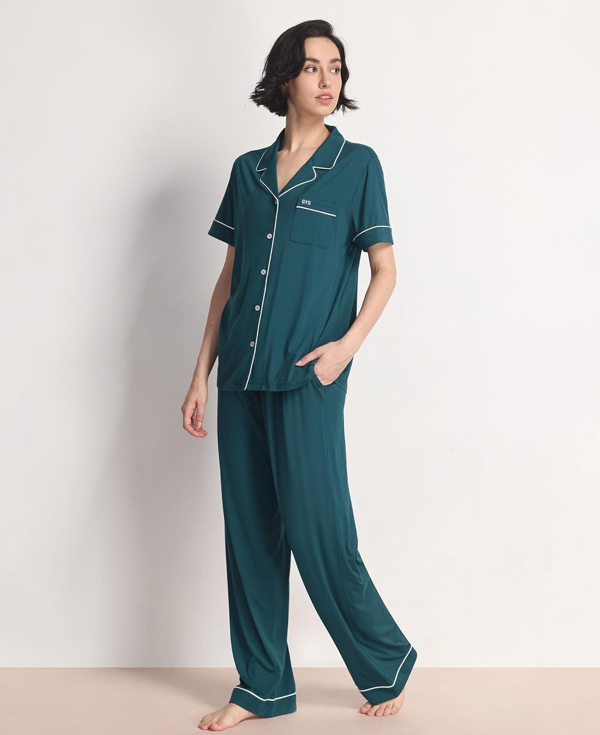 GYS Women's Pajama Set Bamboo Viscose Notch Collar Button Down Short Sleeve Top with Pants 2 Piece Sleepwear - Image 5