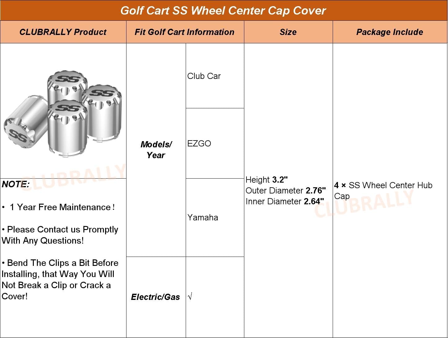 SS Golf Cart Wheel Center Caps-4 Pack,Fits EZGO,Club Car,Yamaha - 2.75" Chrome Hub Caps for 8,10,12 inch Rims,Push-in Style,Height 3.21"