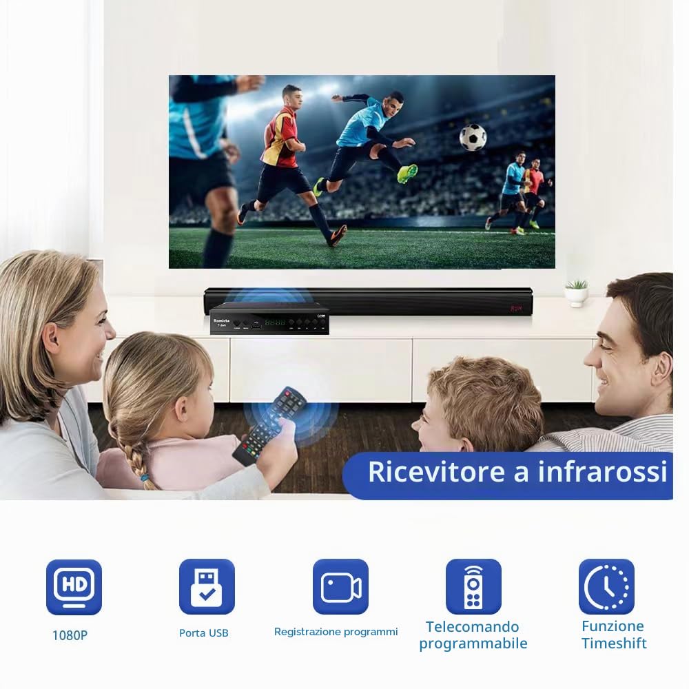 Romicta Decoder Digitale Terrestre 2026, Decoder DVB-T2/C 1080P H.265 HEVC 10Bit, Ricevitore Digitale Terrestre USB PVR Youtube LCN HDMI SCART Lettore Multimediale, Telecomando Universale 2in1