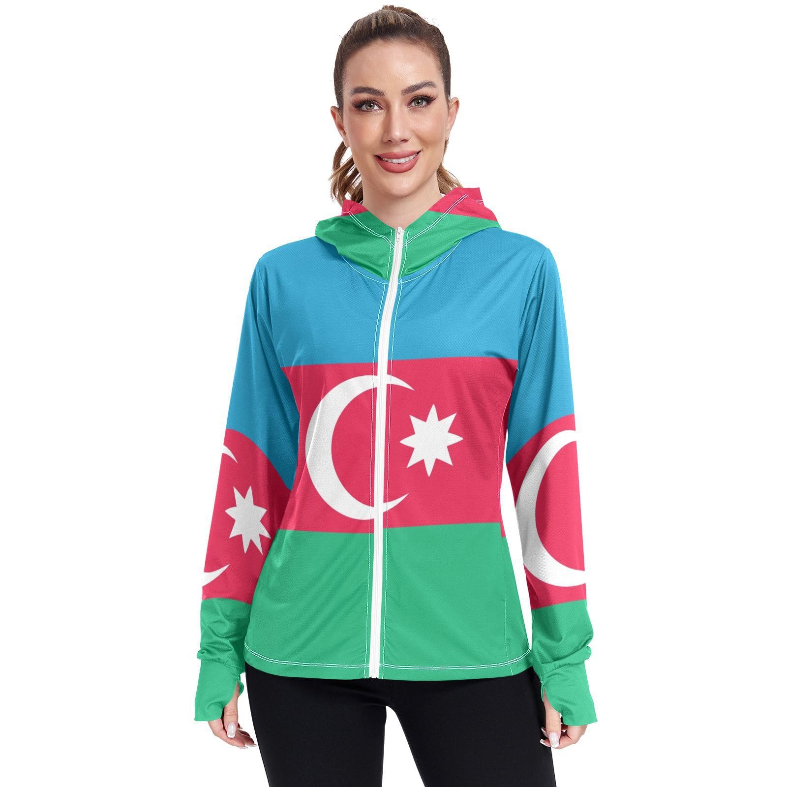 Azerbaijan Flag Womens UPF 50+ Sun Protection Hoodie Jacket Lightweight Long Sleeve Sun Shirt with Pocket Multicoloured