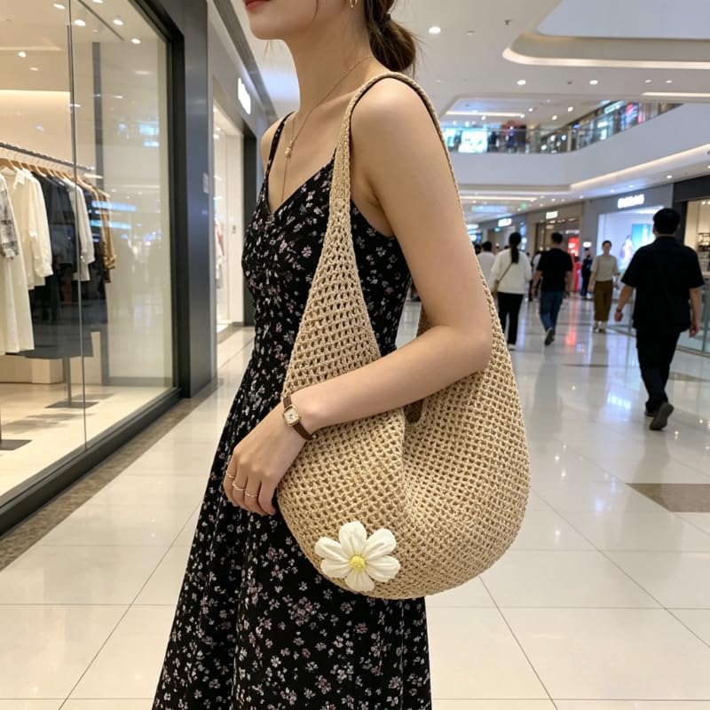 Bolso Tote de paja color sólido para mujer miniatura 5