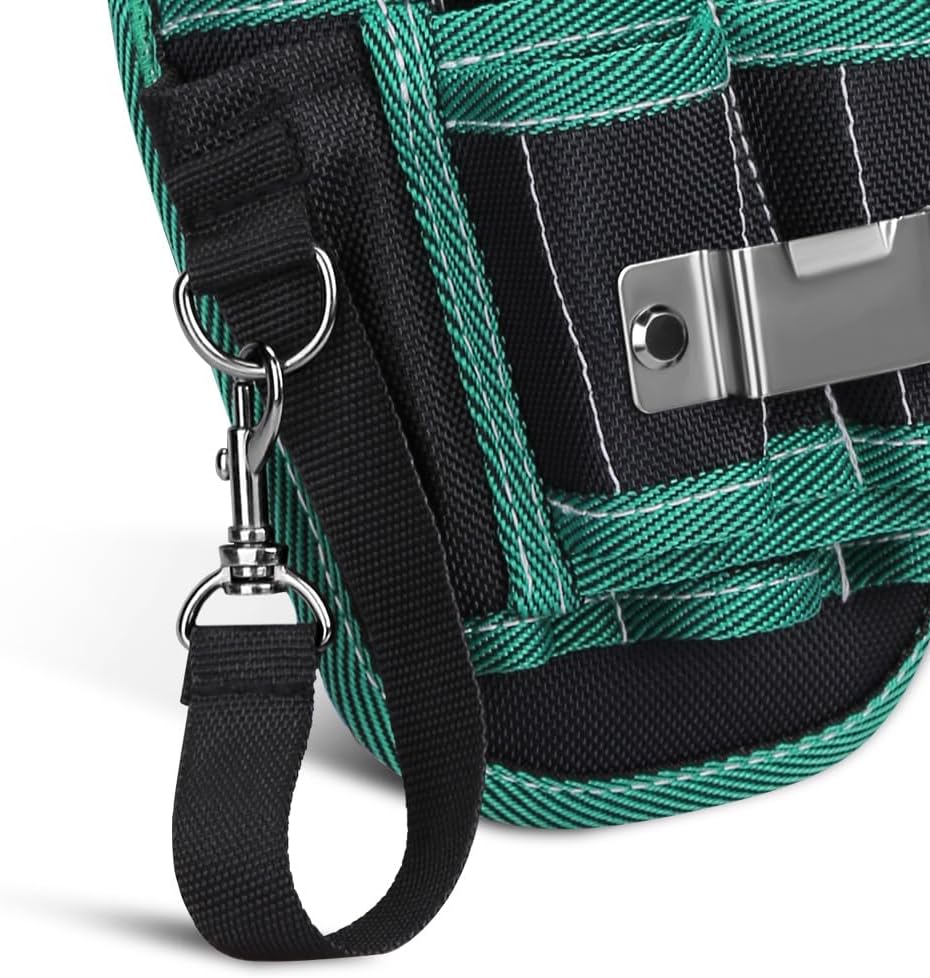 WINHUNT Tool Belt Pouch, 600D Oxford Waterproof Tool Holder, 9 Pockets, 45-inch Waist Belt, Black/Green (Small)