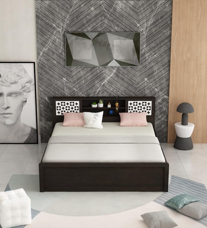 Image of Ward Modular King Size Box Bed with Storage | Engineered Wood | Lyon Teak & White Finish | Spacious & Sturdy | Easy Knock-Down Assembly