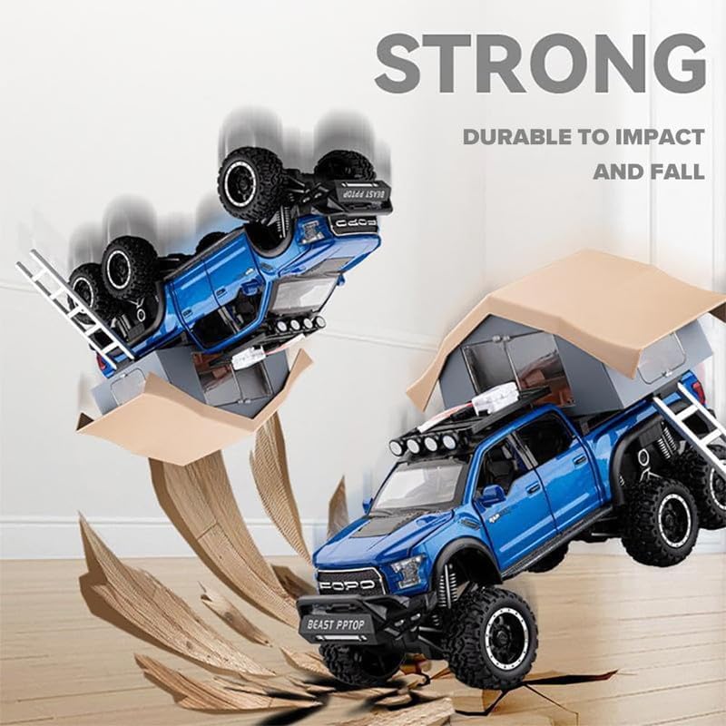 Image of VARIYA ENTERPRISE Exclusive Alloy Metal Pull Back Die-Cast Car Diecast Metal Pullback Toy Car with Openable 6 Doors,Light Music Boys Gifts Toys (1:24 Raptor F150 + Tent)