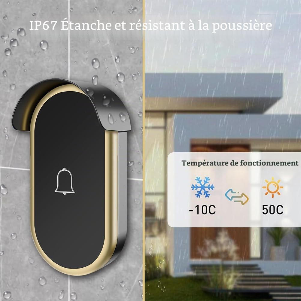 Sonnette sans Fil extérieure étanche,2 récepteurs et 3 émetteurs,Sonnette sans-Fil Longue portée Set sans Fil,portée 300m/1000ft,60 mélodies,Sonnette de Porte d'entrée pour Maison,Black Silver