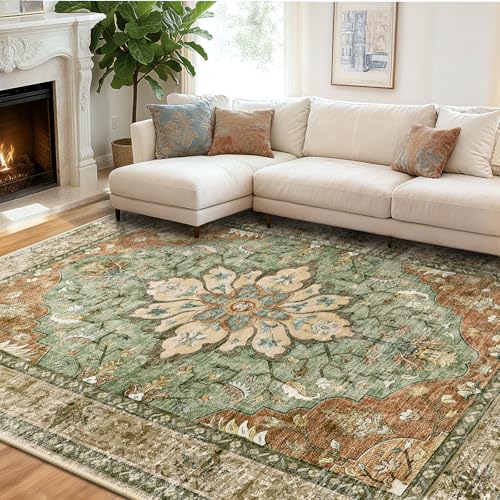 RELEANY Area Rugs 8'x10' Washable Vacuum-Friendly, Non-Slip, Floral Vintage Distress Print Pattern Medallion Carpet for Living Room BedroomBrick Red Rust Neutral Brown Burnt Orange Green