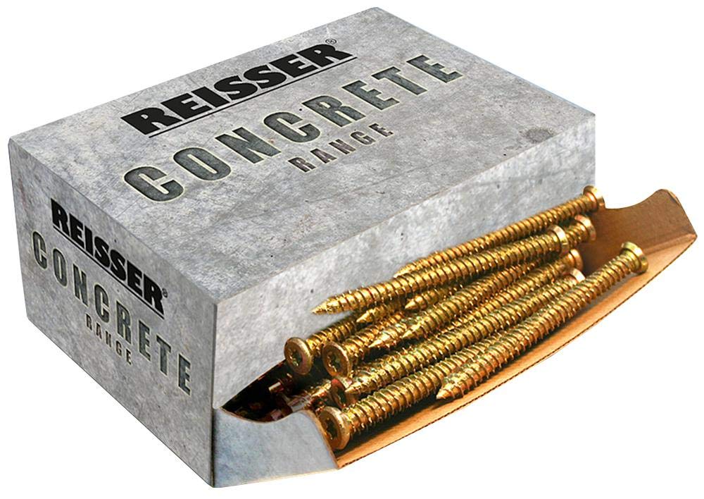 Tornillos de marco de hormigón de 7,5 x 82 mm (Pk100), material de cierre de acero, chapado en zinc amarillo, Reisser - Tornillos de marco de hormigón, estilo de cabeza de tornillo elevado/avellanado