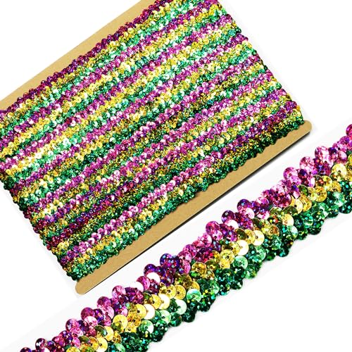 Length10 Yards?Wide 1.18 Inch Green/Gold/Purple Elastic Sequin Ribbon Trim for Sewing Dress Dance Costumes Headband ?Green/Gold/Purple?