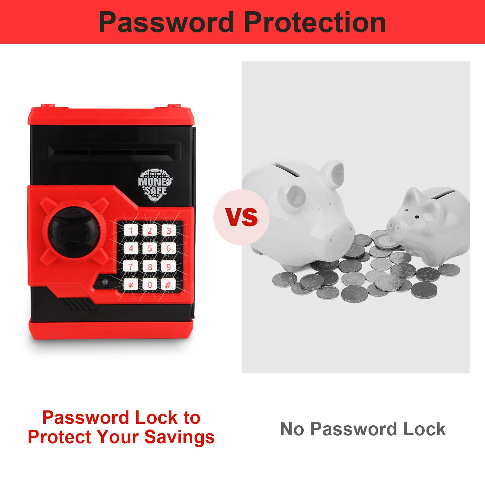 Pup Go ATM Money Box for Girls, Auto Scroll Paper, Password Code Lock Piggy Bank, Cash Coins Saving Box for Kids Age 3 4 5 6 7 8, Perfect Toy Birthday Gifts for Children(Red)