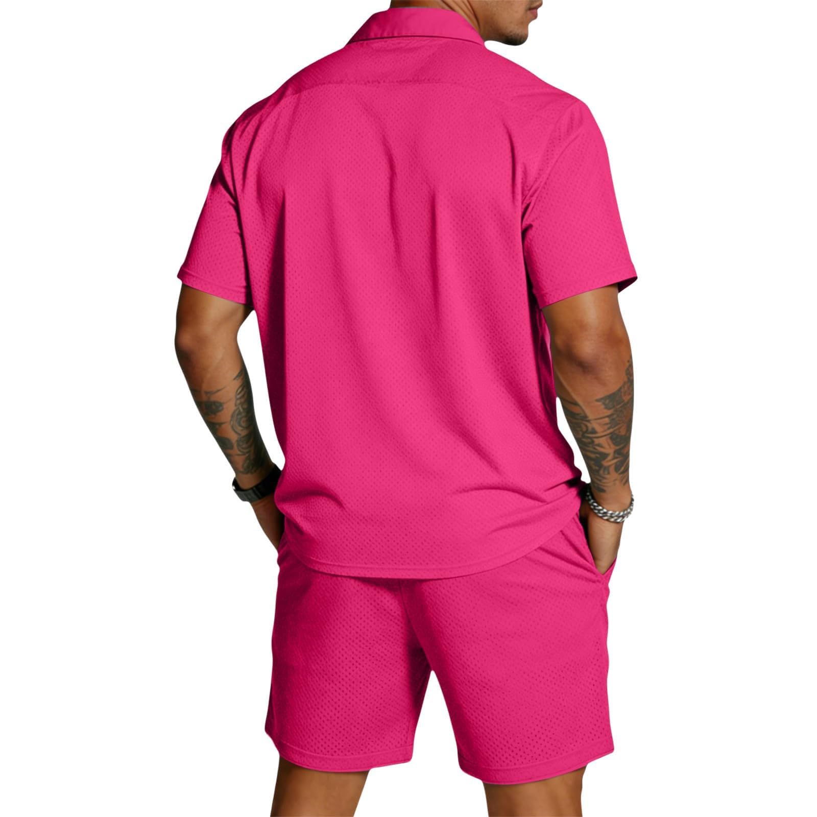Herren 2-Teiler Sommer Outfit Hemd Shorts Set Strick Struktur Freizeit Strand Urlaub Leicht Baggy Hausanzug Sport Jogginganzug