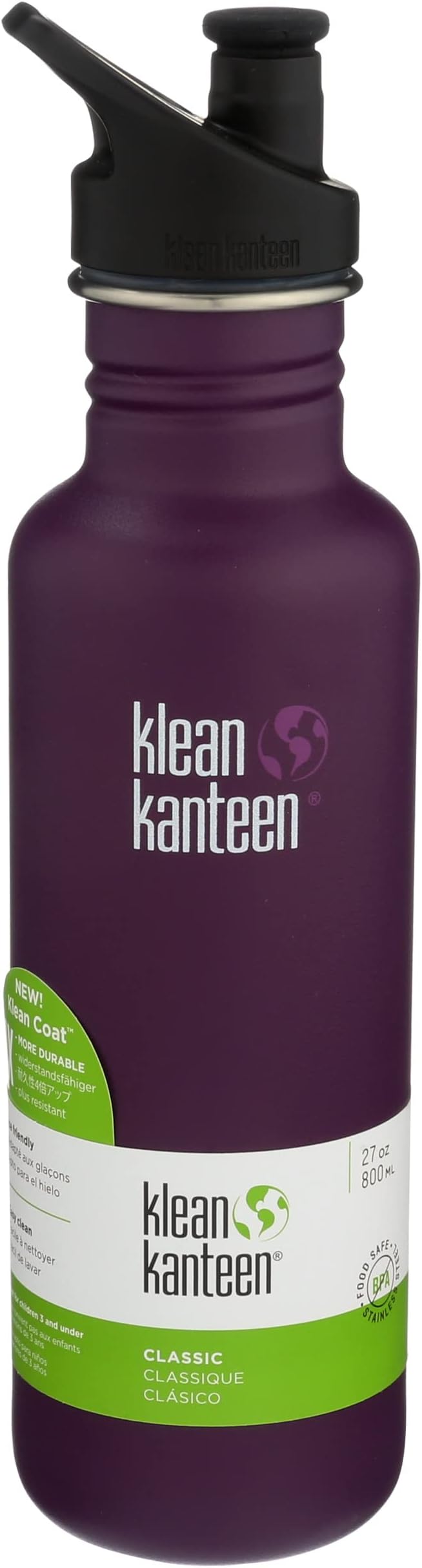 Klean Kanteen Classic Stainless Steel Singel Wall Non-Insulated Water Bottle with Sport Cap