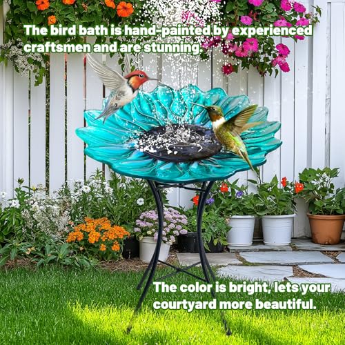 Image of HONGLAND Bird Bath for Outside,15 inch Diameter Large Glass Birdbaths for Outdoors,Detachable Bird Baths Bowl with Metal Stand for Garden Patio Lawn Decor,19 inch Height - Green
