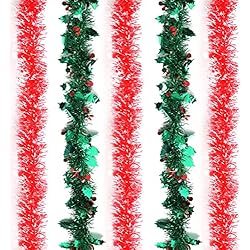 BELLE VOUS Pack de 5 Espumillon Navidad Variado Rojo y Verde - 2 m Cada Uno - Guirnalda con Bayas de Acebo para Decorar el Árbol - Guirnaldas Decorativas para Navidad, Festivales y Fiestas