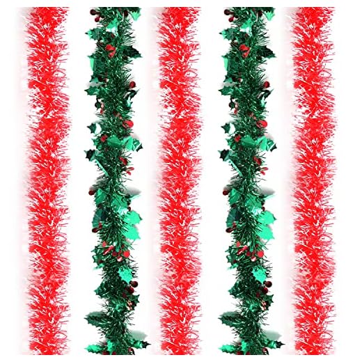 BELLE VOUS Lot de 5 Guirlande Verte et Rouge - 2 m Chacune - Guirlande Noel Sapin de Houx et de Baies Rouges - Guirlande Sapin Mixte pour Noël, Festivals et Fêtes de Noël