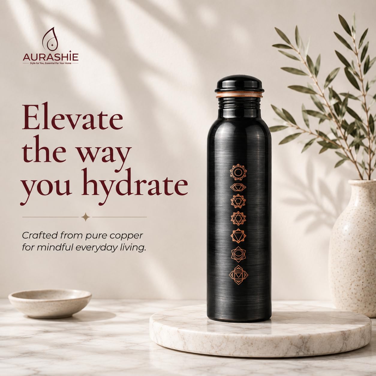 Pure Copper Water Bottle - 1L with Chakra Design -9