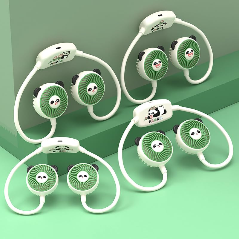 Image of DEOXY Panda Design Neck Fan, Dual Head Hands-Free Wearable Fan, USB Rechargeable, White and Green, Women, Men, Kids
