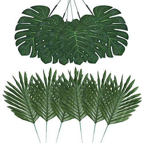 Auihiay 48 Pieces 4 Kinds Artificial Palm Leaves with Faux Stems Tropical Plant