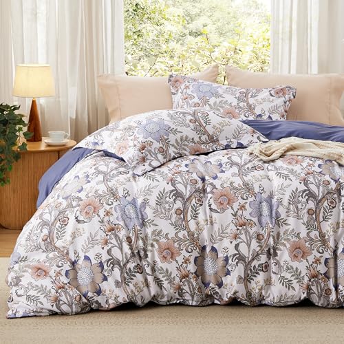 Bedsure Duvet Cover King Size - Reversible Blue Floral Duvet Cover Set with Zipper Closure 3 Pieces Blossom Patterned Bedding Set with 8 Corner Ties and 2 Pillow Shams 20x36