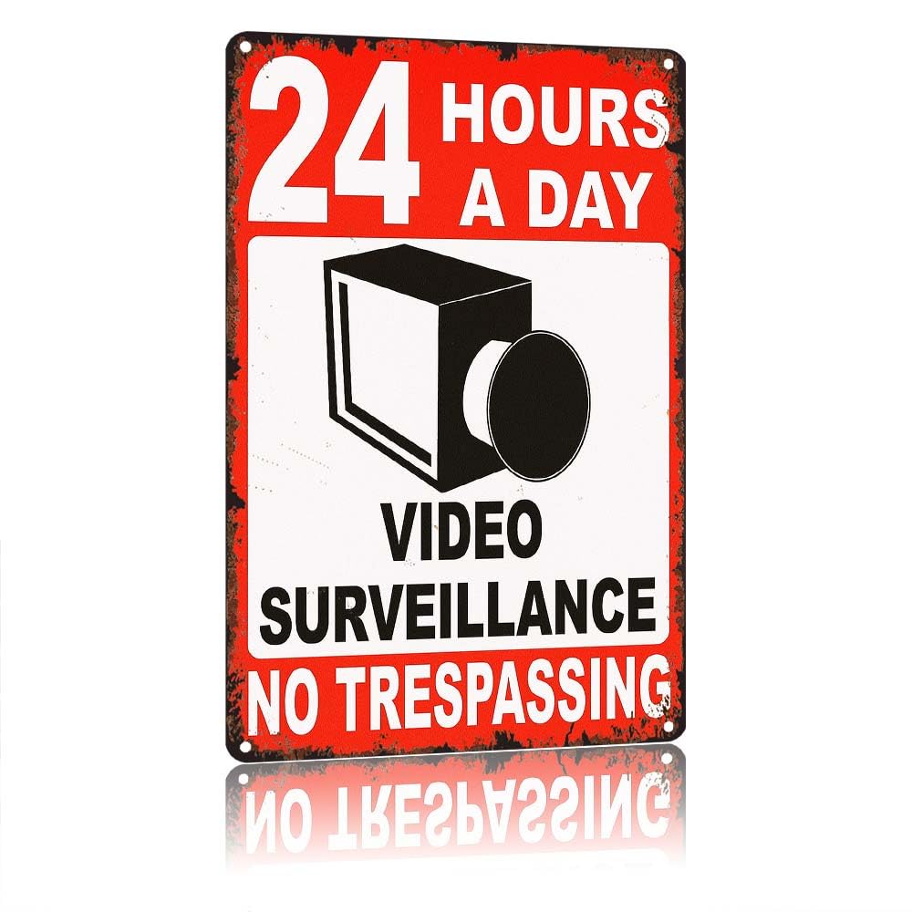 peiyeety 24 Hours A Day Video Surveillance No Trespassing, Vintage Aluminum Metal Tin Sign, 12X8 Inches, Wall Decorative Warning Sign for Outdoor Indoor Garage Garden Yard Street