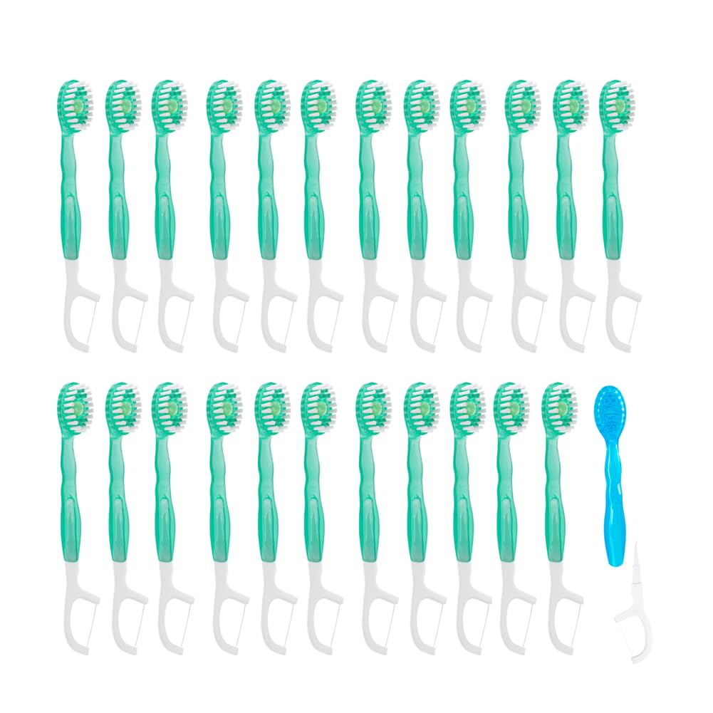 JOUGE Mini Disposable Toothbrushes with Toothpaste 5 in 1 Portable Individually Wrapped Travel Toothbrush with Toothpaste + Tongue Scraper + Picks+