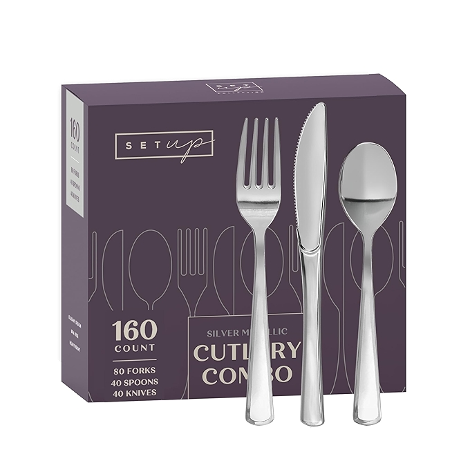 一次性银餐具套装（银色组合），适用于聚会、活动及日常使用