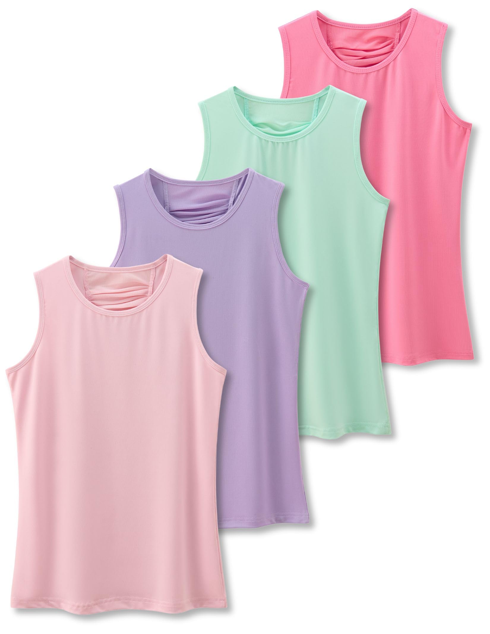 Girls 4 Pack Athletic Tank Tops, Pleated Mesh Back- Dry Fit Active Performance Shirts for Dance, Gymnastics, & Everyday Wear