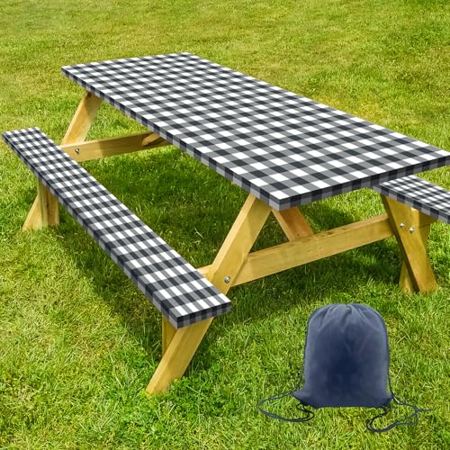 YILEGSYO Picnic Table Cover with Bench Covers Washable Tablecloth for 6 Foot Rectangle Tables 72x30 Waterproof Elastic Fitted Black and White Checkered Camping Tablecloth for Outdoor Use