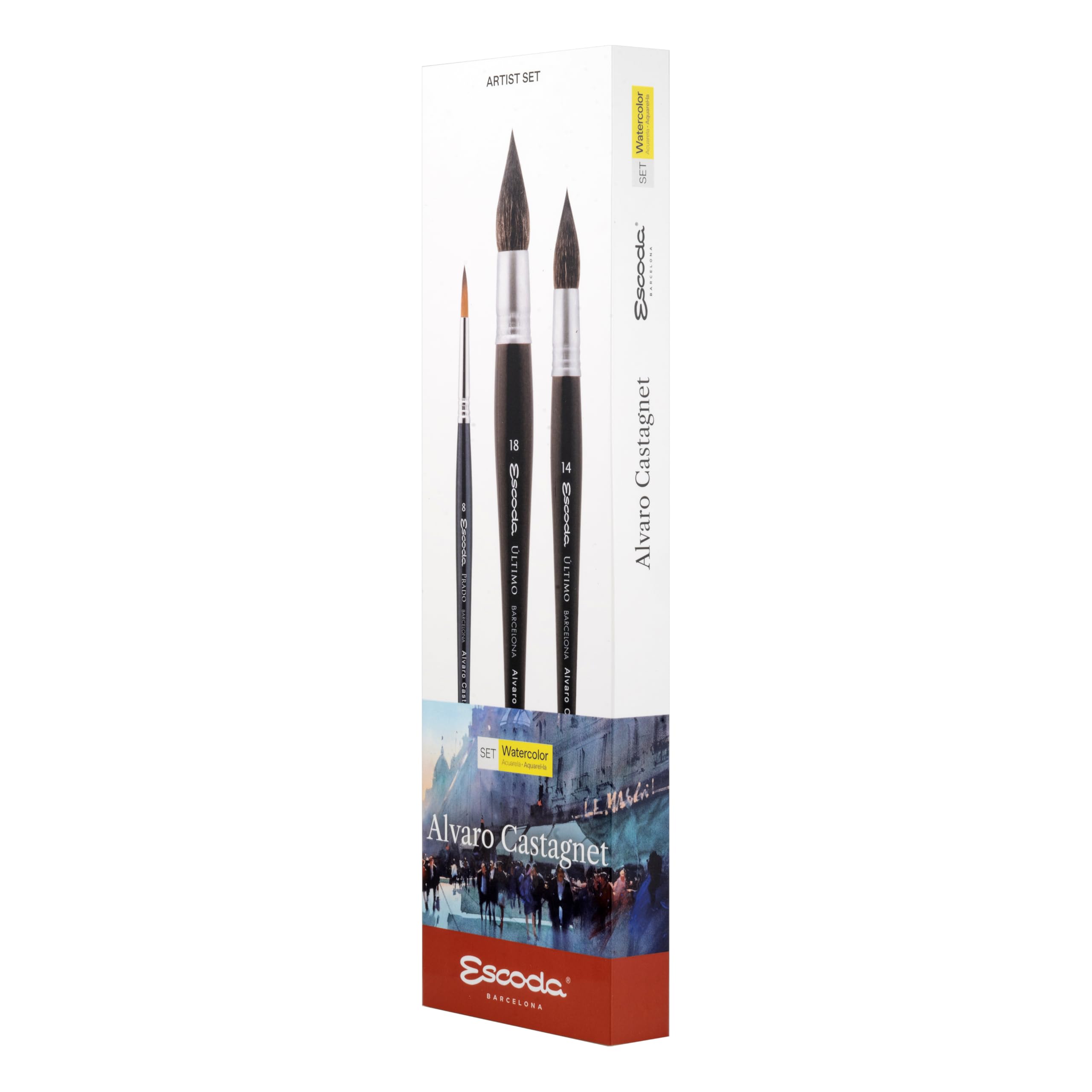 Escoda Signature Artist Watercolor Paint Brush Set, Alvaro Castagnet Set #2, Includes Ultimo (Synthetic Squirrel) Round Mop Sizes 14,18 and Prado (Synthetic Sable) Round Size 8