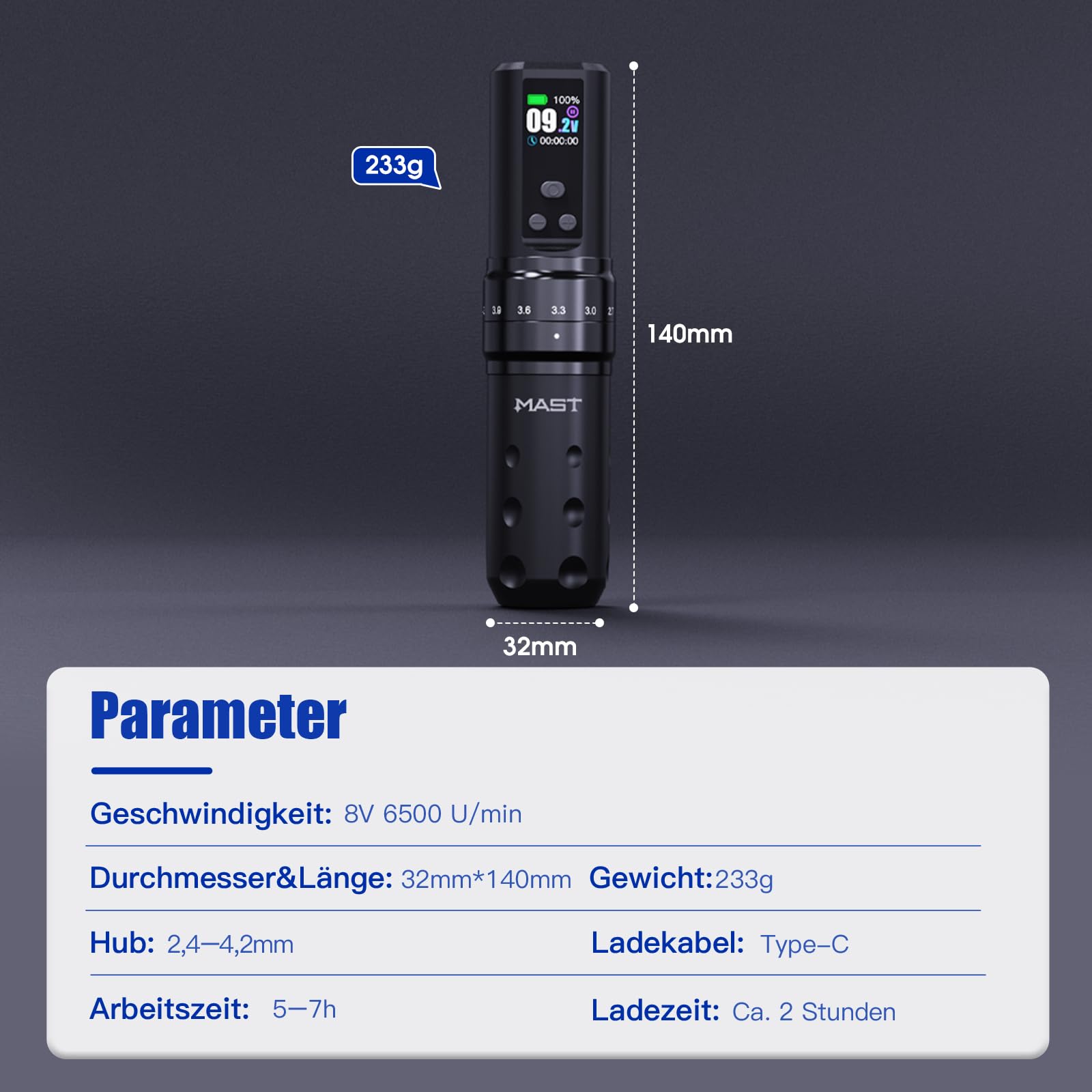 Mast Fold2 Pro Kabellose Tattoo Maschine Pen Rotary Tätowiermaschine Tattoo Gun 7 Strokes Length 2000mAh Batterie Powerful Motor by Mcore Smart Display Screen für Pro Artists Golden