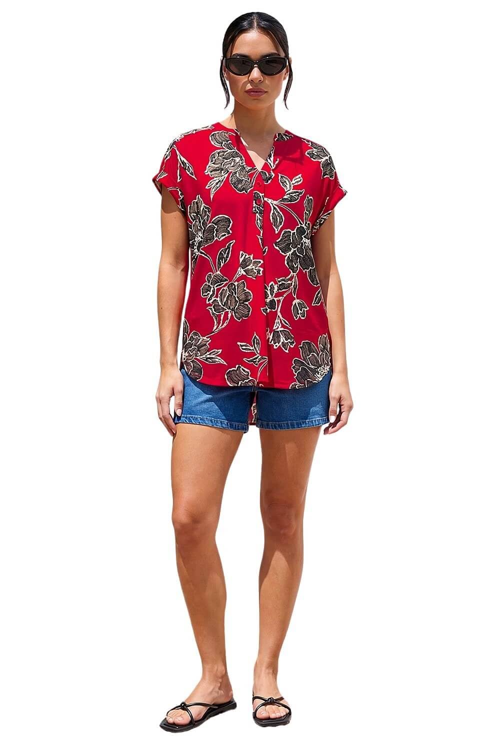 Roman Women's Red Floral Puff Print Stretch Top In | : Size 12