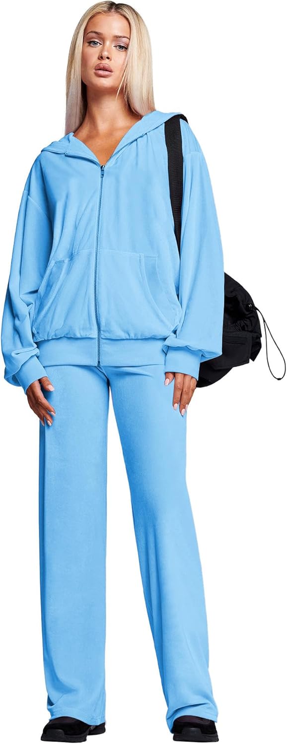 womens 2 piece solid velour tracksuits two piece velvet lounge outfits for women, long sleeve hoodie tops sweatsuits casual zip-up jacket workout pants matching set with pockets, sports jogging sets