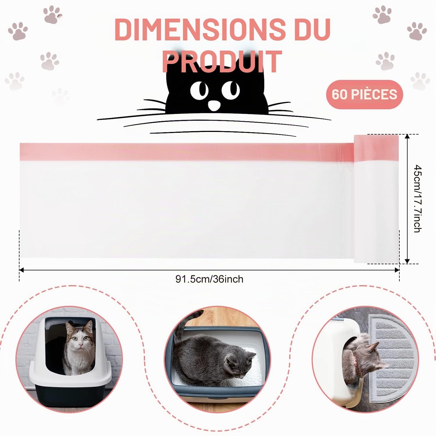 AIEX 60pcs Doublures Sac à Litière pour Chat, Grandes Doublures de Litière Jetables pour Chat avec Cordon de Serrage pour Fournitures de Déchets pour Chat (91 x 45 cm)