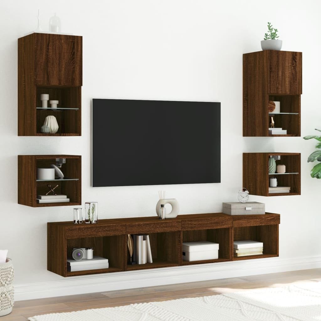 Ścienne szafki TV z LED RGB, 2 szt., brązowy dąb, 30x28,5x30 cm, wiszące z szklaną półką do przechowywania, do salonu lub sypialni
