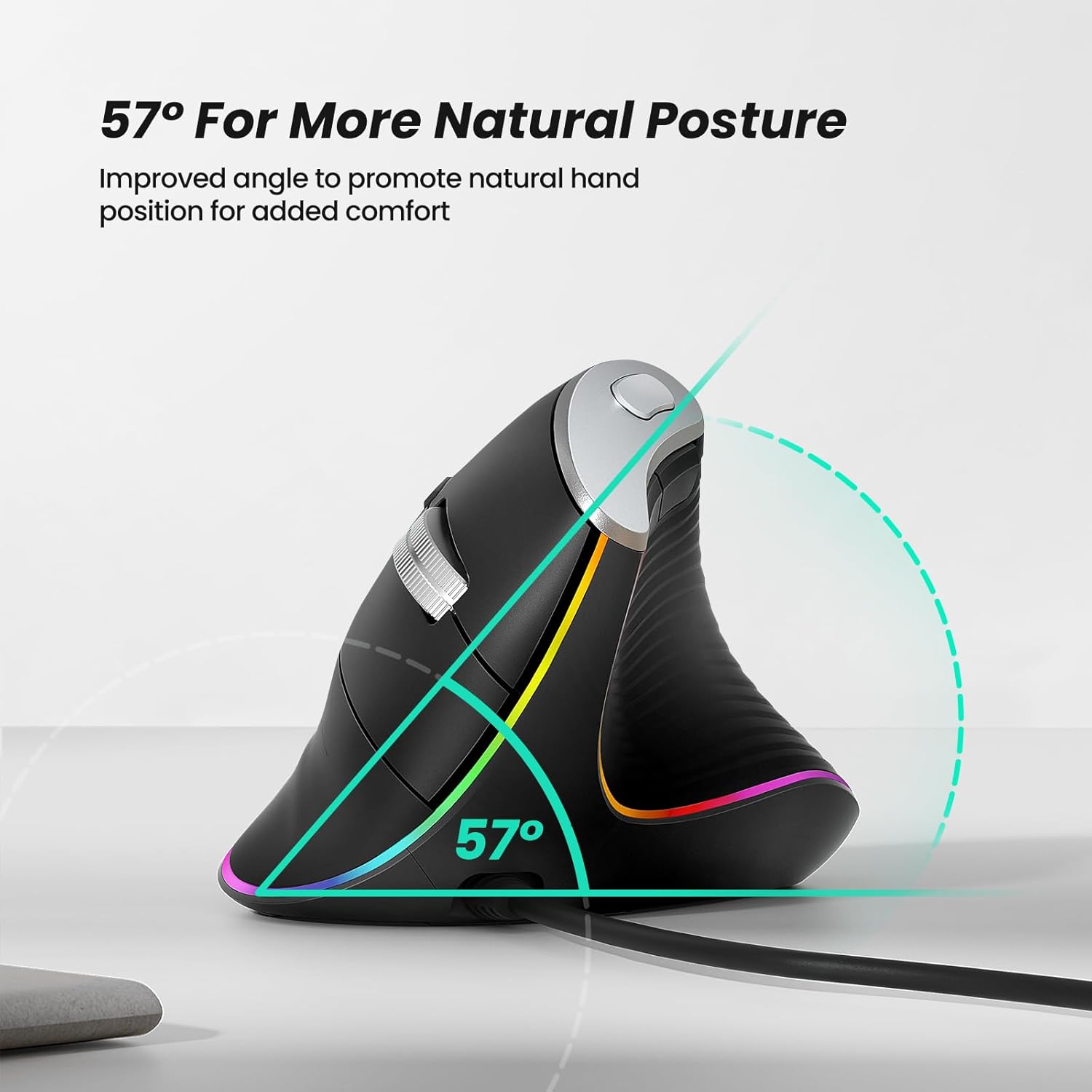 Diagram showing 57 degree angle for natural posture