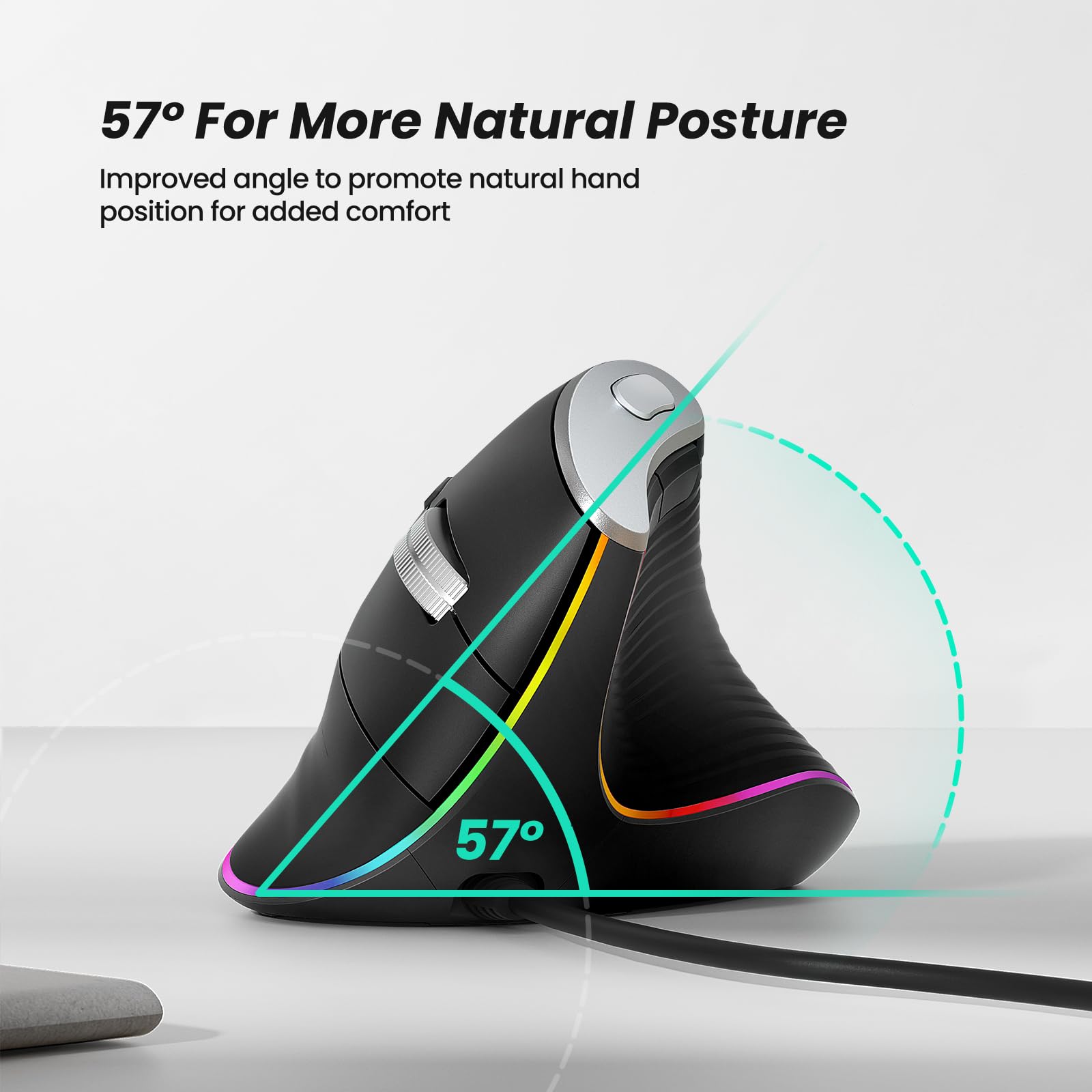 Nulea Mouse verticale cablato M504, mouse ottico ergonomico USB cablato con 4 DPI regolabili, 11 modalità di retroilluminazione RGB, compatibile per laptop, PC, desktop, Mac, nero