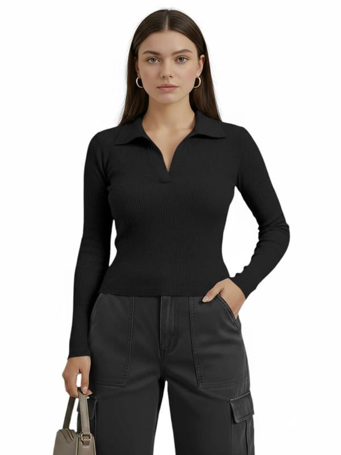 Women's Collared Neck Long Sleeve Slim Fit Casual Tee Top for Woman(Top-Apple-AI2-P-L)-picture-33