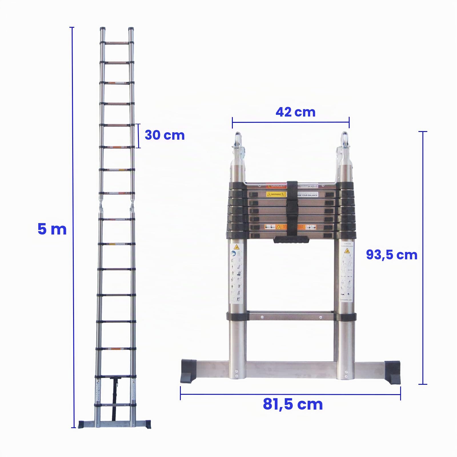 Échelle télescopique pliable 5m (2,5m+2,5m) Type A & Droite - Échelle en acier inoxydable antidérapante polyvalente - Échelle extensible portable - Capacité de charge : 150 kg - Huini