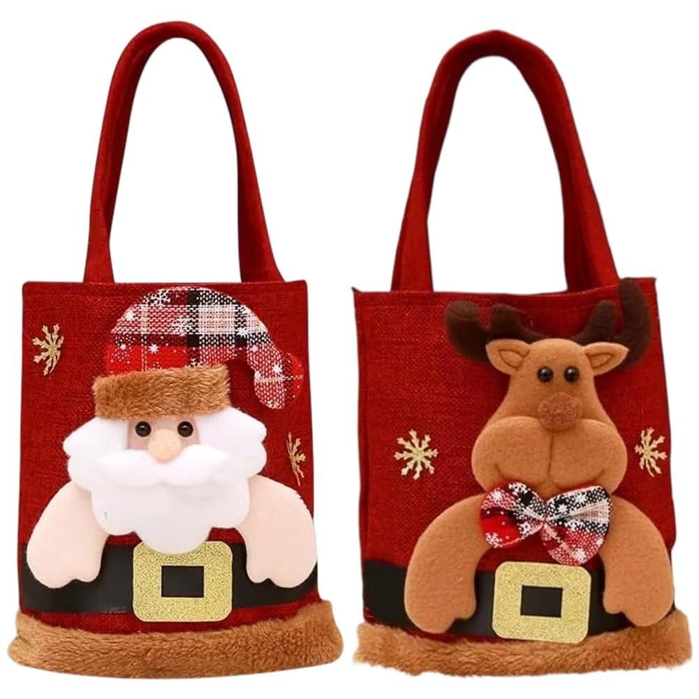 Vobumix 2pcs Christmas Bags for Gift, Reusable Christmas Tote Bags with Handles Flannel Shopping Bags Xmas Party Favor Bags